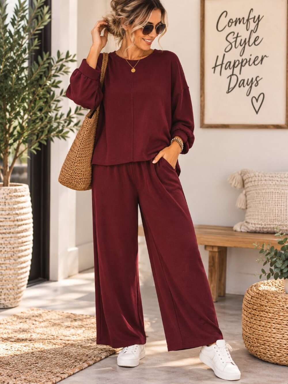 Ces Femme Burgundy Wide Leg 2-Piece Lounge Set — M